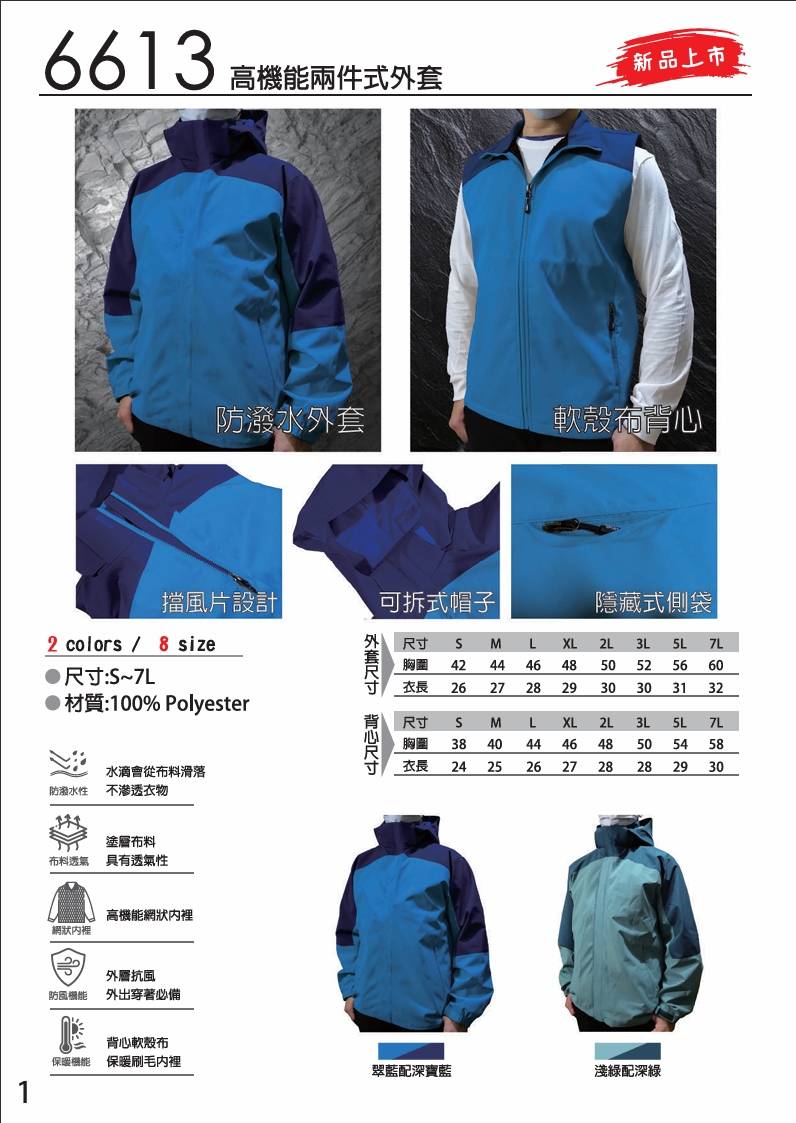 工作服二件式夾克6613翠藍/深寶藍..淺綠/深綠
